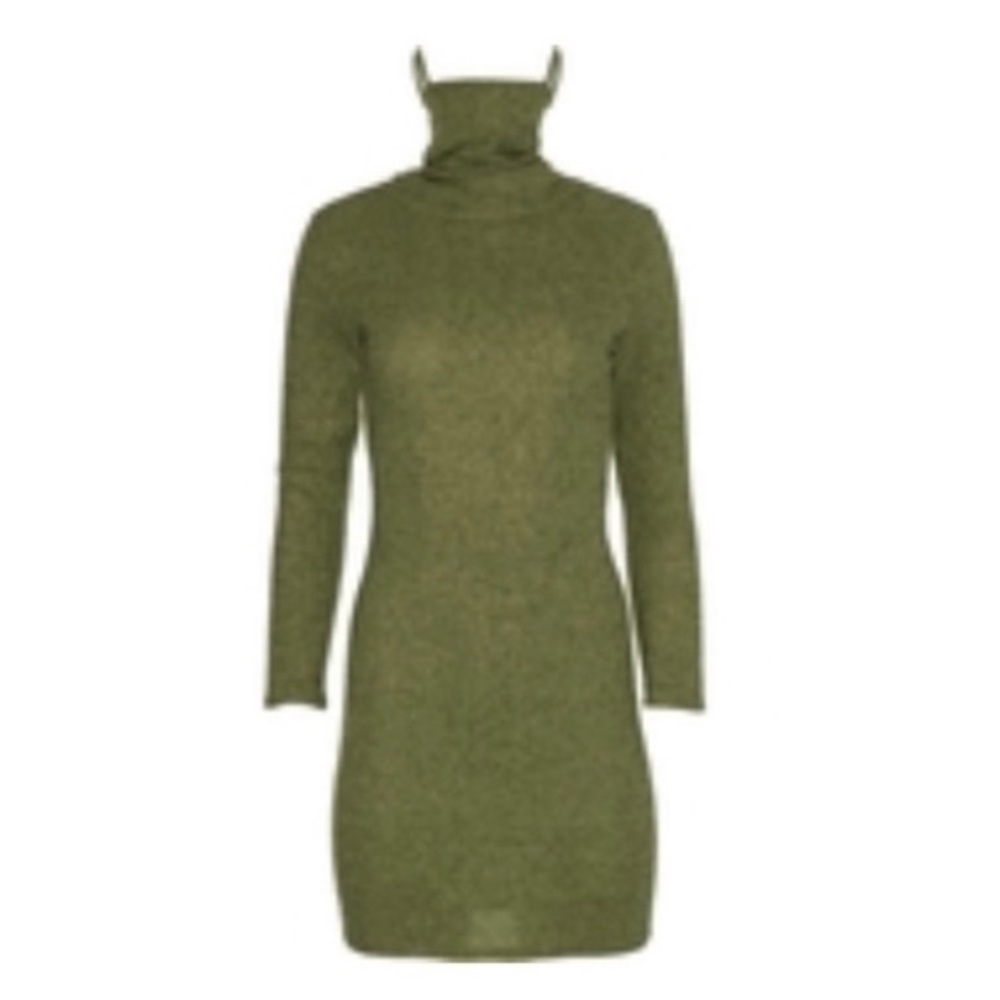 NEW Knit Sweater Long Sleeve Ribbed Self Gaiter Bodycon Olive Green Mini Dress